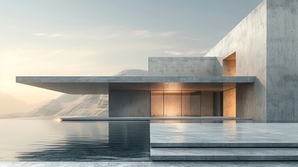 Fototapeta premium The image shows a modern concrete house with a large terrace and an infinity pool overlooking the ocean.