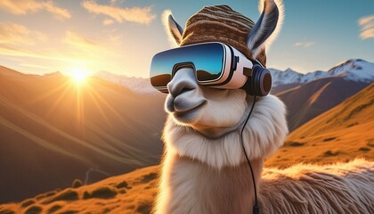 Ein Lama mit Mütze trägt eine Virtual Reality Brille in den Bergen bei Sonnenuntergang, Digitalisierung, Technik der Zukunft, witzig
