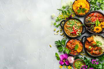 India food, curry and summer flower and herb lay on a light background with copyspace.