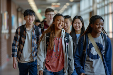 Obraz premium With smiles on their faces, a group of international high school friends stroll down the college hallway, chatting animatedly as they make their way to class, epitomizing the multi