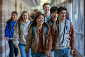 Obraz premium group of international high school friends walk down the college hallway, their laughter echoing as they share stories and jokes, showcasing the bond of friendship and mutual suppo