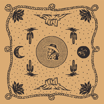 cowboy illustration bandana graphic bandit design desert badge western vintage rodeo