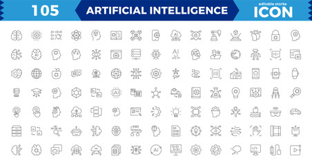 Artificial intelligence Pixel Perfect set of web icons in line style. AI technology icons for web and mobile app. Machine learning, digital AI technology, smart robotic, cloud computing network.