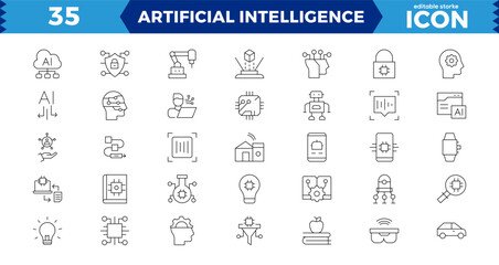 Artificial intelligence Pixel Perfect set of web icons in line style. AI technology icons for web and mobile app. Machine learning, digital AI technology, smart robotic, cloud computing network.