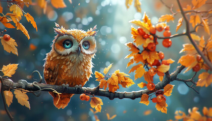 A cartoon owl is perched on a branch with leaves and berries by AI generated image