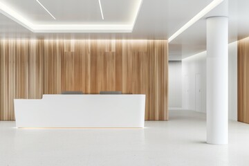 Fototapeta premium White and wood color theme, modern medical office reception desk with white walls, white ceiling, white floor, light wooden panels on the wall behind the counter