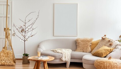 Frame mockup, Scandinavian style home interior with cozy sofa, wall poster frame design, 3D render