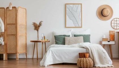 Frame mockup, Scandinavian style home interior with cozy bed, wall poster frame design, 3D render