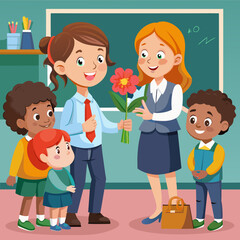 school-children-giving-flower-to-her-teacher-on-th