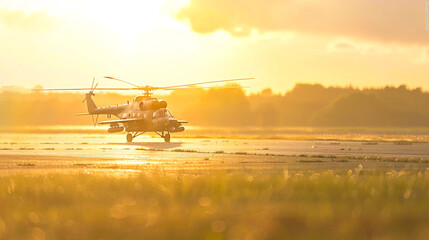 Fototapeta premium Focused Frame with a Military Helicopter on a Busy Airfield 