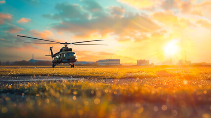 Fototapeta premium Airfield Scene with a Military Helicopter in Soft Focus 