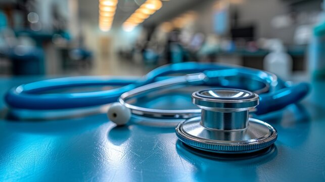 The image shows a stethoscope on a table. The stethoscope is blue and silver. The background is a blurred image of a hospital hallway.