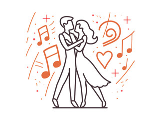 A linear  icon of music notes and a heart shape is featured in a wedding dance scene, symbolizing love and celebration. This pictogram represents party preparation and marriage in a template con