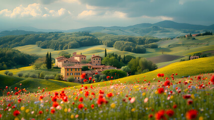 A photo featuring a quaint countryside village nestled in rolling hills. Highlighting the charming architecture and pastoral scenery, while surrounded by fields of wildflowers