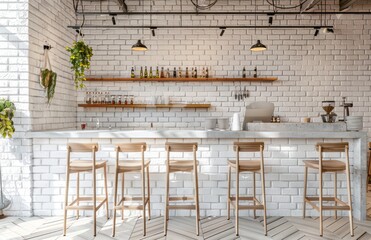 White brick wall, white herringbone wood floor, bar with concrete counter and wooden chairs, modern minimalist interior design of coffee shop or restaurant