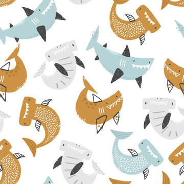 Vector seamless pattern with cute sharks on white background. Funny smiling sharks. Sea, ocean, sea inhabitants. Children's texture with sharks. Funny animals sketch.