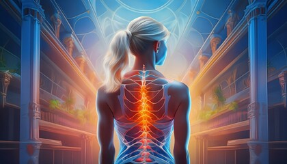 Eine sportliche Frau von hinten mit Rückenschmerzen. Leuchtende Wirbelsäule.