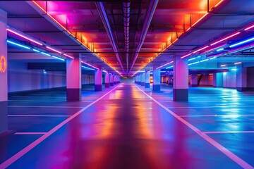Spaceship Virtual Futuristic Sci Fi Neon Glowing Fluorescent Track Purple Blue Pink Corridor Path...