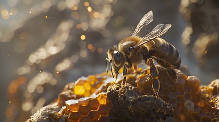 Macro photo of a bee hive on a honeycomb with copyspace. Bees produce fresh, healthy, honey. Beekeeping concept. AI generated illustration