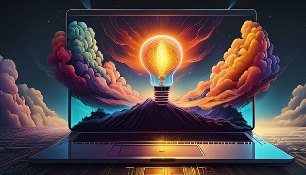 Eine Idee in Form einer Gl&uuml;hbirne, generiert durch k&uuml;nstliche Intelligenz kommt aus einem Laptop-Bildschirm mit kreativen Ideen.
