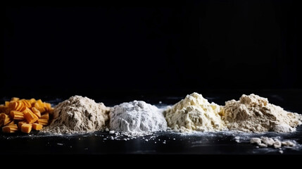 Fototapeta premium Various types of culinary flour in a row, black background. AI generated.