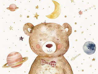 A whimsical watercolor of a bow tie-wearing hipster bear in a galaxy setting, surrounded by celestial elements, adds a touch of fantasy to nursery decor.