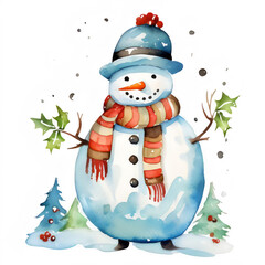 Playful Snowman with Blue Hat and Striped Scarf