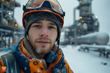 A courageous oil worker works in extreme conditions, extracting oil for fuel and energy production