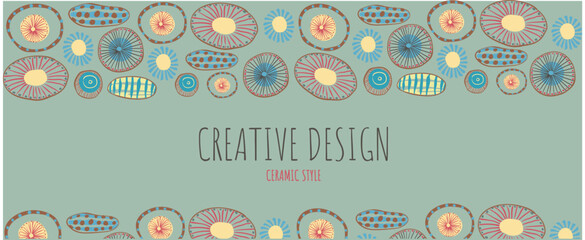 Boho style banner template. Vector organic background with scribble lines, dots. Organic light patterns on a dark background. Hand drawn shapes in retro color palette.