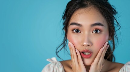 Portrait of a young Asian woman surprised and holding her smooth facial skin.