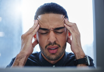 Stress, headache and man with burnout in office for accounting of taxes or finance. Frustrated,...