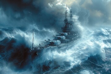 This painting depicts a ship facing the fury of a storm at sea, with crashing waves and dark clouds overhead.