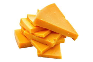 Sliced cheddar cheese isolated on transparent background