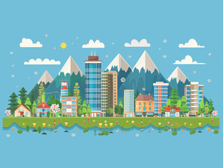 An illustration of a flat cartoon cityscape with office center, houses, parks, and mountains against a blue background.