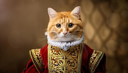 
A cat dressed in renaissance medieval fantasy attire, embodying the surreal concept of emperor-like aristocracy