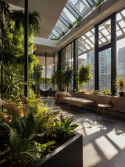 Urban Retreat, Embrace biophilic design in sunlit, minimalist interiors, featuring lush plants and expansive city panoramas.