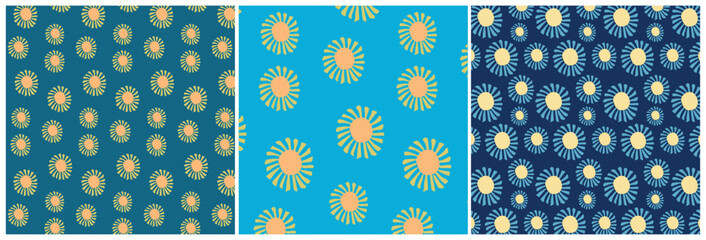 Set of three seamless patterns with abstract daisies. Vector background for card, wrapping paper, fabric, textile.