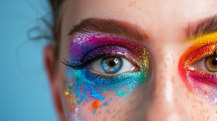 A striking close-up of a woman's eyes featuring bold, colorful artistic eye makeup in orange, blue, and red tones for a dramatic effect.