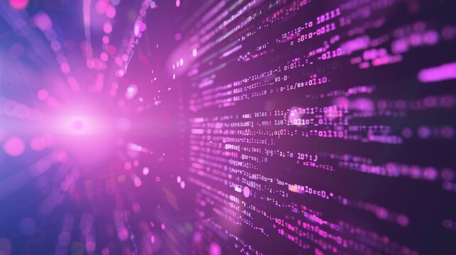 A binary code tunnel. Purple and pink colors. Fast moving streams of glowing numbers. Futuristic technology concept.