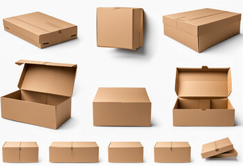 cardboard boxes set- Medium size. Different uses. Opened and closed. White background