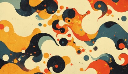 Abstract swirls in retro colors, creating an otherworldly atmosphere with a psychedelic vibe. The design incorporates vintage tones and has a groovy feel that adds to its visual appeal. 
