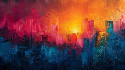 The painting is a vibrant and colorful depiction of a cityscape