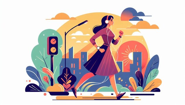 Active Female Jogger in dress wearing a headset jogging in Urban Sunset Scene