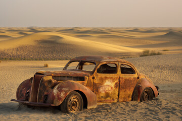 old car in the desert, Witness the haunting sight of an old, rusty abandoned car, forsaken amidst the vast expanse of the desert