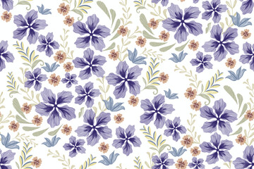 Obraz premium Floral ditsy pattern seamless paisley embroidery with blue flower motifs. Vintage pattern batik style. Ikat texture vector illustration fabric print template wallpaper design background border.