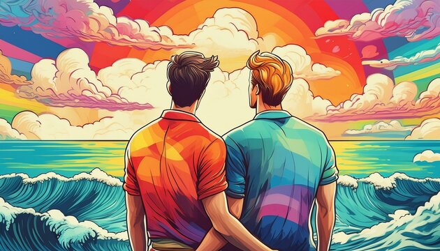 Zwei sich liebende M&auml;nner am Meer vor wolkenverhangenen Himmel im Comic Stil.