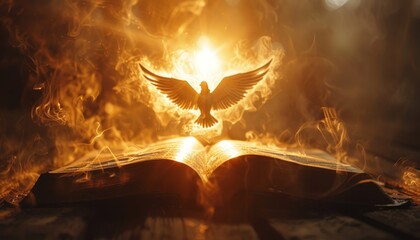 A white dove is flying over an open book by AI generated image