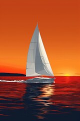 Fototapeta premium Boat with a white sail at sunset in the sea