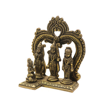 brass handcrafted statue of ram darbar with lord ram lakshman and sita devi along with hanuman isolated in a white background