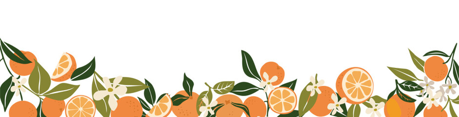 Colorful summer border with fresh orange citrus fruits, leaves and flowers. Horizontal banner, overlay backdrop. Botanical hand drawn vector illustration isolated on transparent background.